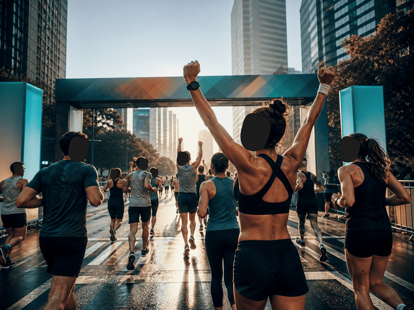 Representative fictional marathon event with every visible face fully covered by opaque privacy masks