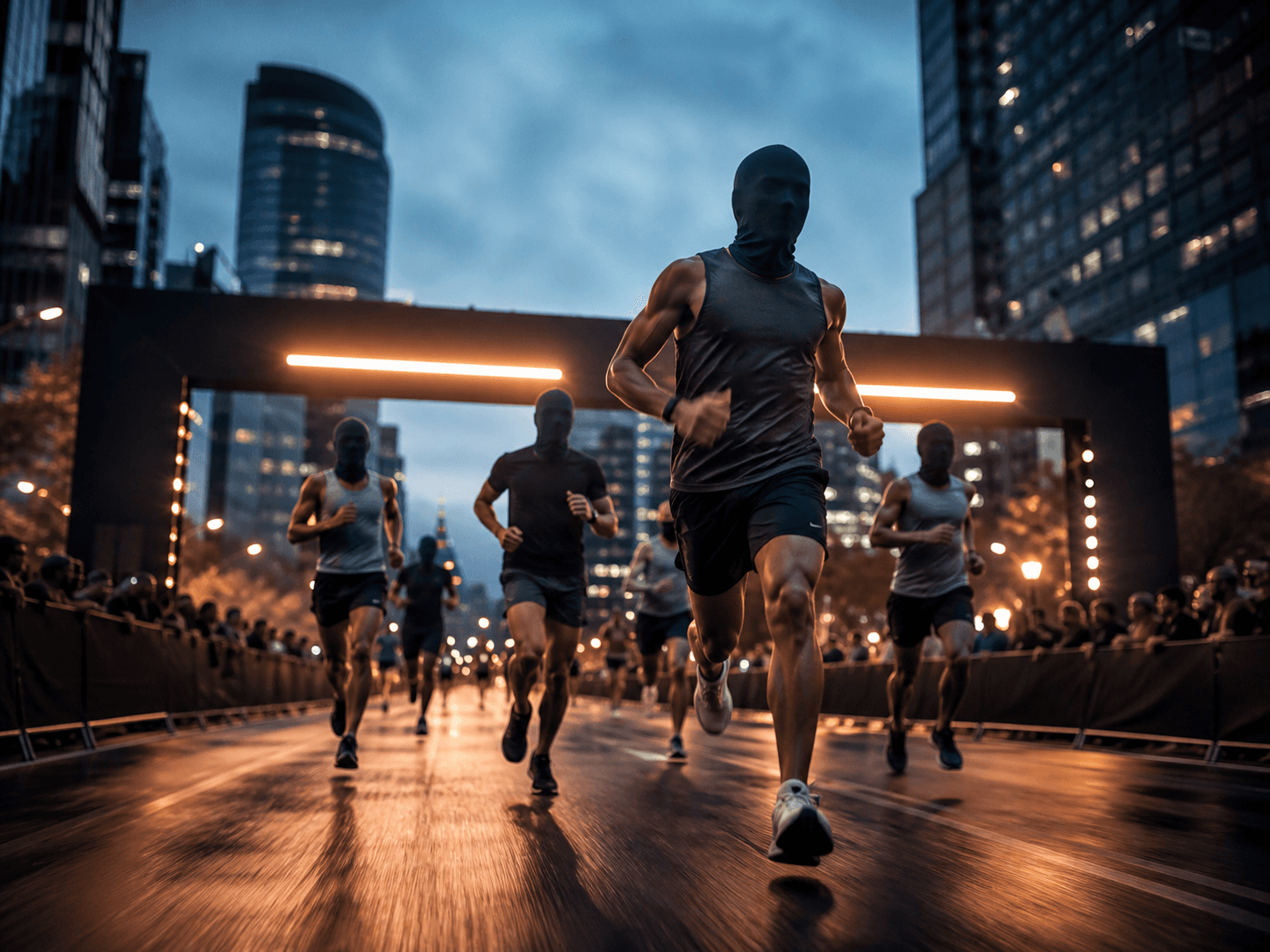 Representative marathon highlight film frame with every visible face fully covered by opaque privacy masks